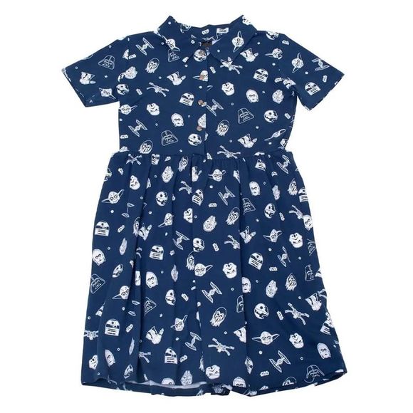 Cakeworthy Star Wars Button Dress Navy Blue All-Over Print Darth Vader Yoda - Picture 2 of 3